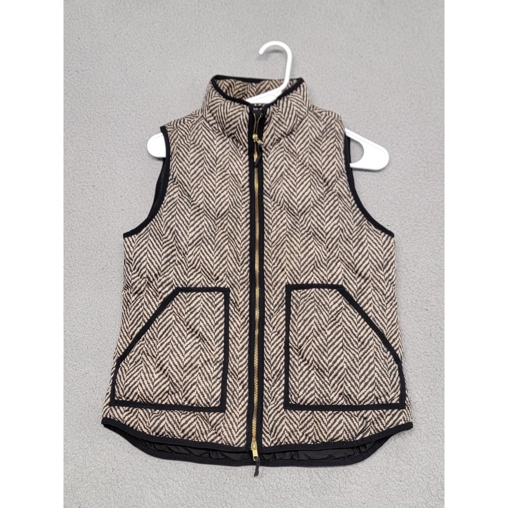 J Crew Vest Womens Small Black Cream Herringbone Quilted Puffer Down 93111